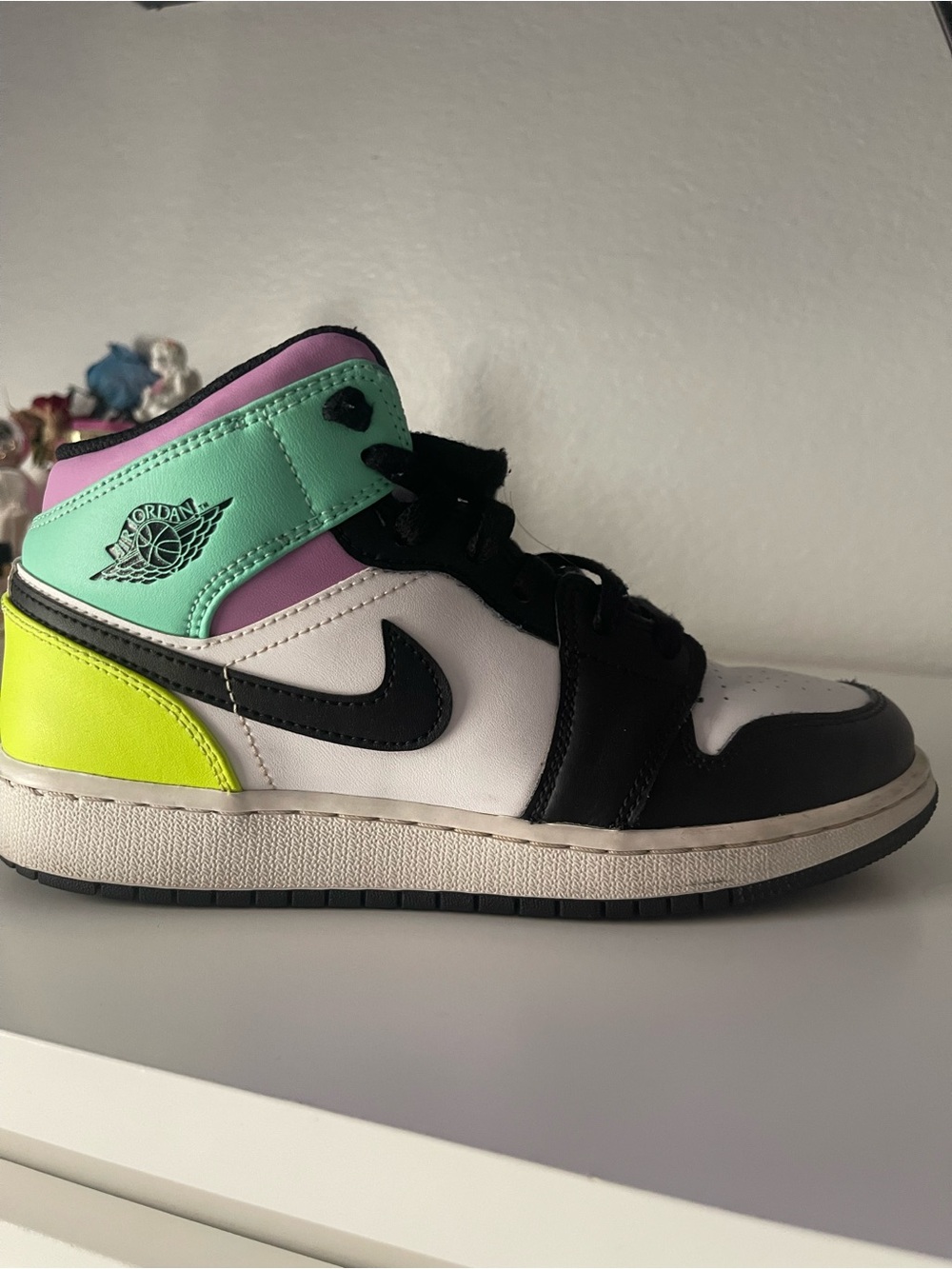 Jordan Mid-Top Sneaker in Black, White, Mint, Pink and Neon Yellow